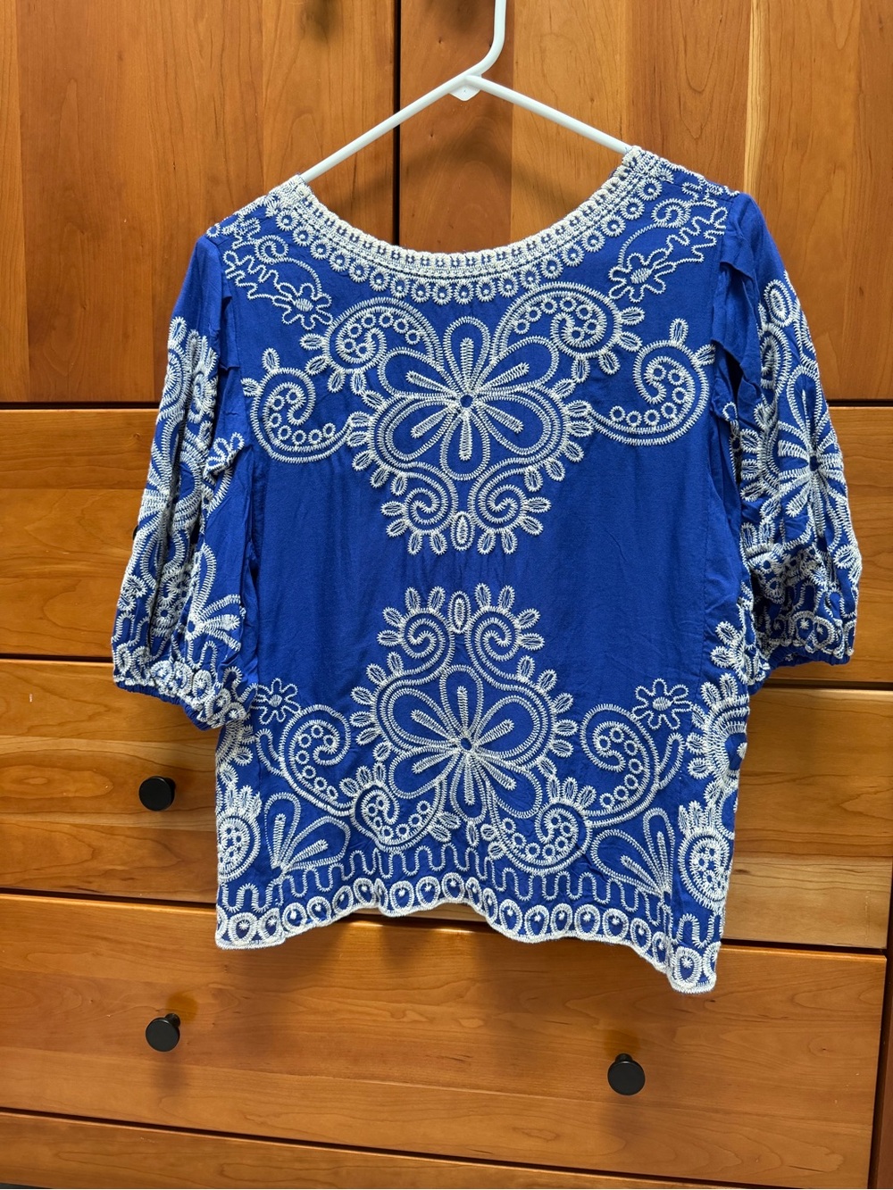 Solitaire Royal Blue Embroidered Women’s Blouse with White Accents